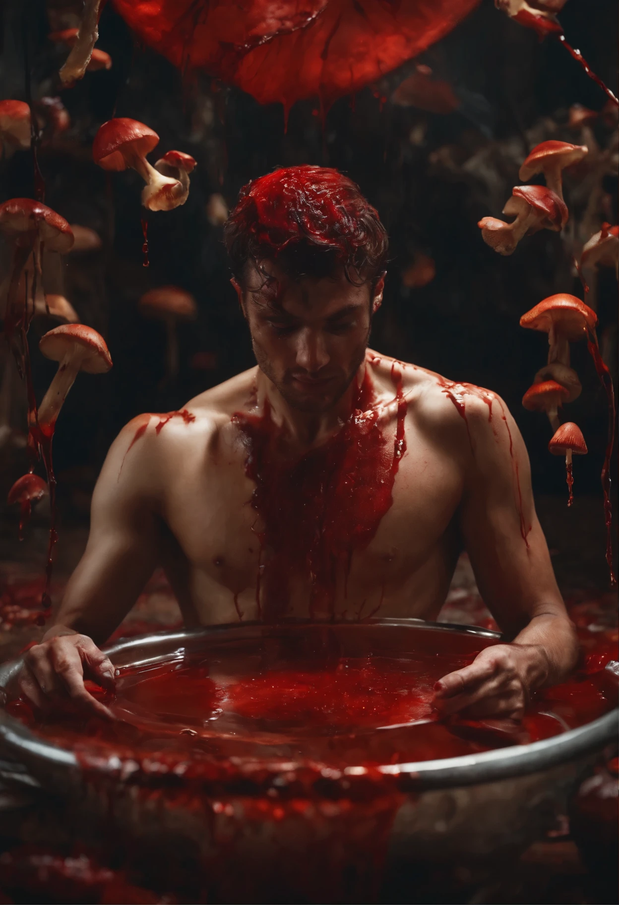 daemon, infected with mushrooms, cutting your skin, drinks alcohol, flowing down his body and mixing with the blood on the floor.