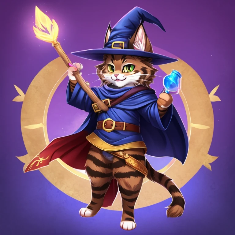 cute kitty, cat, wizard, cat wizard, wizard cap, wizard hat, wizard cloak, cat with wand, wizard wand, cat with potion, potion belt, cat icon, cat maine coon, cat breed, cat breed maine coon, small kitty, cute, male character, male kitty, male face, big strong kitty wizard, full anthro body, anthro male,
