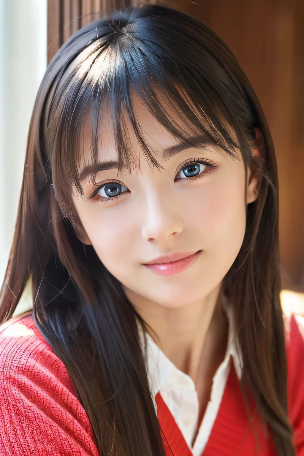 (((32ｋ,Attention to details,Attention to detail、masterpiece,Attention to detail,alone))),RAW Photos & Realistic atmosphere,beautiful dark blue eyes,Mouth Details,glossy lips,Thin eyebrows,beautiful Eyes、Soft white skin that shines in every detail、sheの深い黒色の目はとてもbeautifulです,Lip details、とてもbeautiful顔,とてもbeautiful顔、Lively Faces,beautiful, Glowing Lips,beautiful Eyebrows,Infinite Reality, Realistic Young Gravure Idol,she&#39;she&#39;she&#39;she&#39;she&#39;Very cute woman , Young Gravure Idol, Young Gravure Idol, とても美しくてかわいいbeautiful 21 year old girl,Incredibly beautiful and elegant，beautiful 21 year old girl,Natural soft light,（Shiny Hair,,beautiful and kind eyes：1.5）,A kind smile,well-shaped chest,Medium Long Hair,Tying up hair,beautiful posture,No makeup,Looking to the future,Red Shirt，