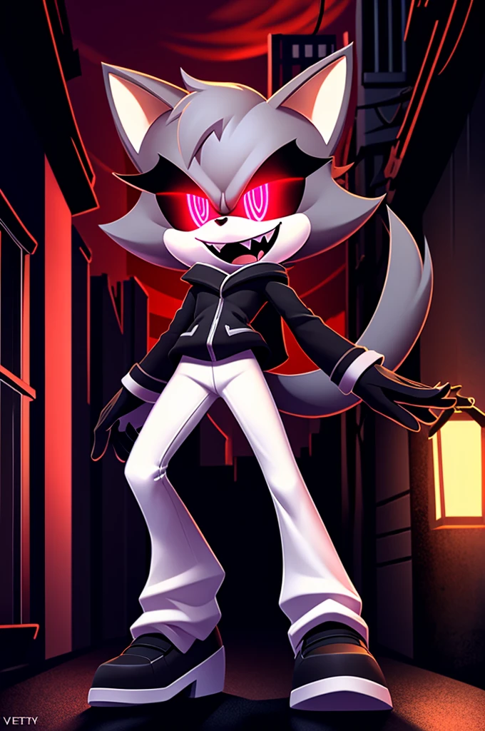 (((masterpiece))), High quality, studio quality, digital art, dark colors, solo character, mobian, in the style of Sonic the Hedgehog, fluffy and wispy grey fur, female cat demon, intimidating height, very skinny legs, skinny body, wearing a plain grey coat with coattails, white leggings, black shoes, big evil grin, evil laughter, reveling in evil laughter, throwing head back, villainous stance, triumphant pose, long fluffy tail, long wispy tail, black eyes with red glowing pupils, smoky atmosphere, in the back of a dark city alleyway, nighttime, digital illustration