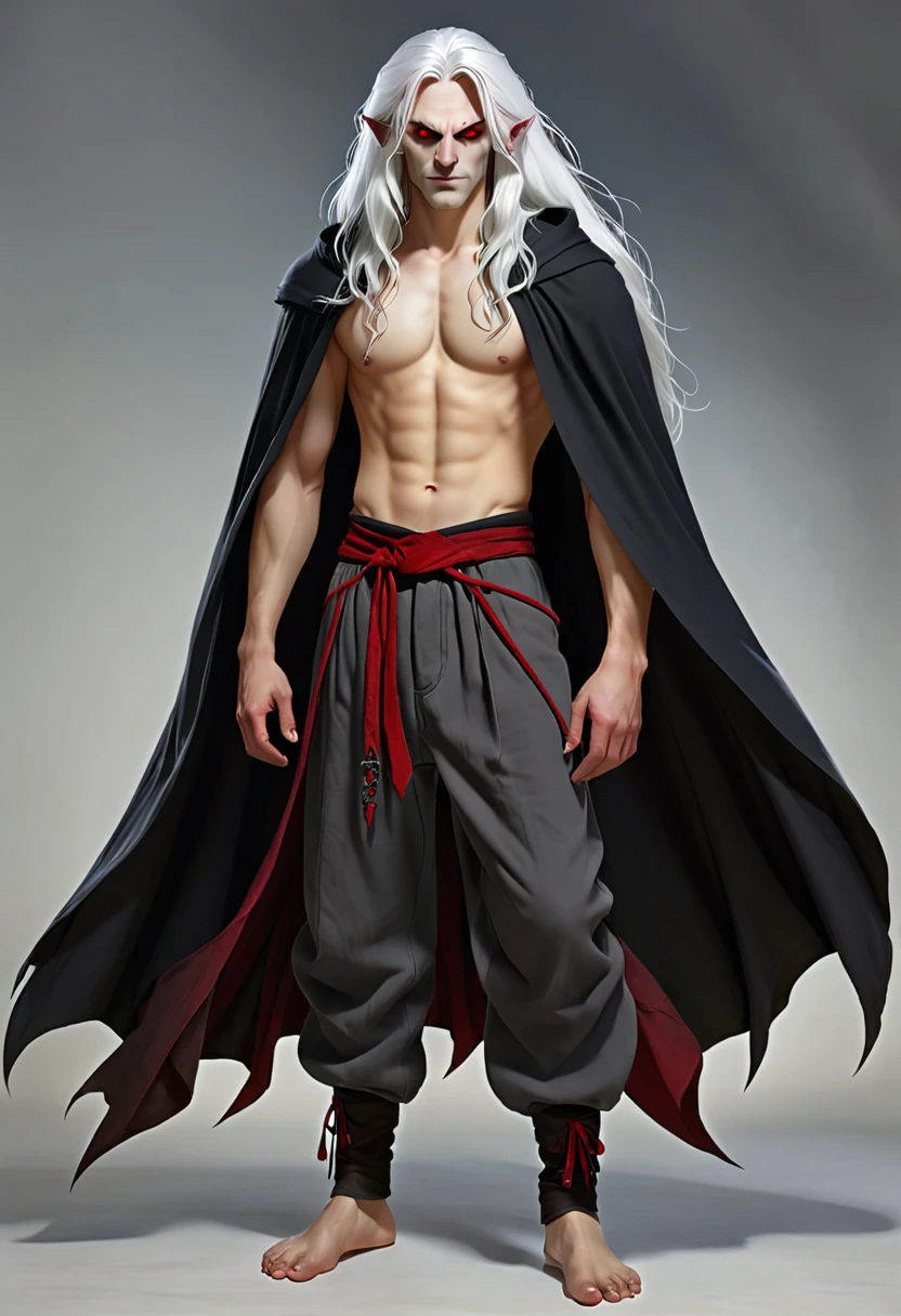 Man Medieval demon, long white hair, red eyes, gray skin, black baggy pants, no shirt, black hooded cape Full body barefoot