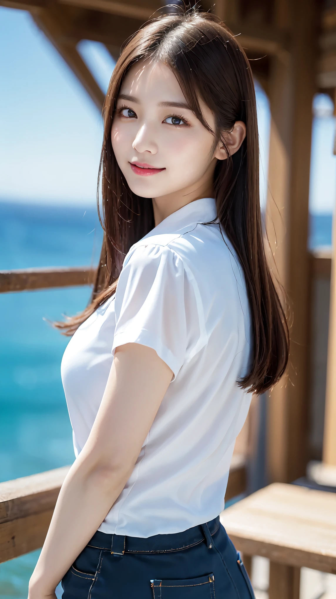 White collared shirt、full body shot、Complex and beautiful eyes、woman、womanらしい髪型、Natural color lip、Big Breasts、valley、bold and sexy pose、smile、Ocean、((18歳woman:1.2))、Young adorable Japanese face, Official Art,Highly detailed CG Unity 8k wallpaper,(masterpiece:1.0),(highest quality:1.0), 超A high resolution,4k,Very detailed, photo shoot, 8K, nffsw, High resolution, Kodak Portrait 400, Film Grain, Lens Flare Glow,高いest quality,8K,nffsw:1.2),Portrait Shot,8K、View Viewer