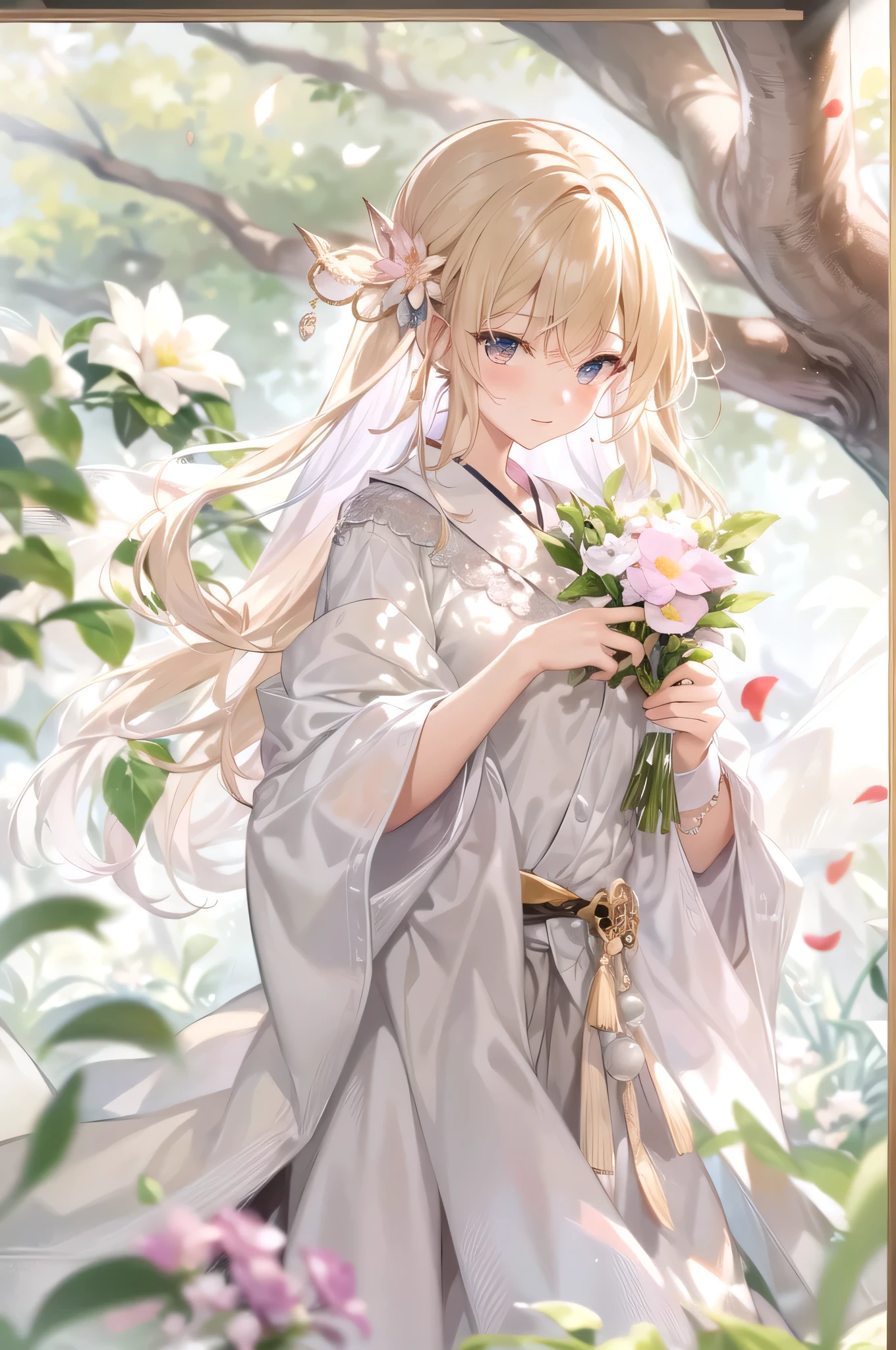 masterpiece、Highly detailed CG integrated 8K wallpaper、1 of 1 girls、beautiful、Genuine、Blurred、Blurred_background、Blurred_prospect、branch、plum offlower、depth_of_Field、flower、gem、nose、Realistic、blonde、alone、The kids&#39;upper body white、The lower half of the body is red、Hide your fingers、Hide your arms、just wear a bra、whole body、