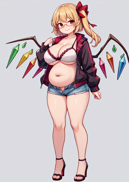 (masterpiece, best quality, highly detailed), 1girls, big belly, huge belly, art by kipteitei, round belly, chubby, curvy, belly grab, enormous belly, fat belly, thicc, bigger belly, really big belly, jiggly belly, glasses, unzipped jacket, (no shirt), bra, thight shorts, high heels, smug face ((full body)), long hair, giantess, Flandre scarlet