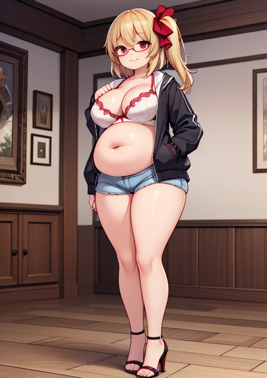 (masterpiece, best quality, highly detailed), 1girls, big belly, huge belly, art by kipteitei, round belly, chubby, curvy, belly grab, enormous belly, fat belly, thicc, bigger belly, really big belly, jiggly belly, glasses, unzipped jacket, (no shirt), bra, thight shorts, high heels, smug face ((full body)), long hair, giantess, Flandre scarlet
