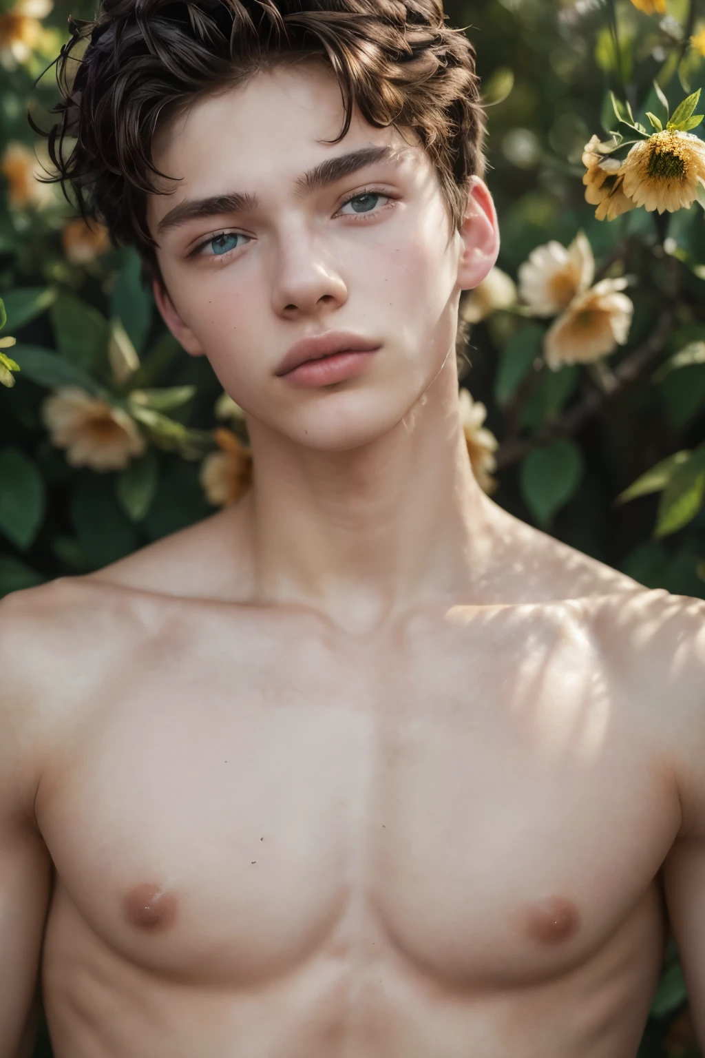 Behold ((1man)), fashion editorial photo shot, a photogenic charming 19 year old male supermodel, reminiscent of a mix between Sean O’Pry and Lucky Blue Smith, ((hazel green eyes)), prince smile, angel face with natural Blemishes and freckle, short curly hair, delicate With features reminiscent of a Ken doll, including (doll joints:1.37) and (plastic-like skin:1.25), symmetric face With a natural pale skin tone, he embodies youthfulness, athleticism, and he exudes a unique allure, exotic, ((setting of meadow adorned with wild colorful flowers)), ((wearing fashionable simple cloth from Dior Men's Collection 2020 by Kim Jones)), ((Buttoned-up shirt in earth tone colors)), touch of casual elegance accessories, ((stands against the backdrop of the vibrant greenery scenery)), Captured in a full-body pose with dynamic angle, the focus of the photo is on his captivating presence and the intricate details of the surroundings, he photo is taken with a Canon EOS R camera with a 50mm f/1.8 lens, f/2.2 aperture, shutter speed 1/200s, ISO 100, and natural light, by Camille Summers-Vallim, Employing three-point lighting and incorporating 3D animation shadows enhance the models' features and add depth to the composition. The layering and arrangement of body parts and surrounding objects are carefully considered to ensure a flawless composition. Ultimately, this masterpiece celebrates the beauty of the male form and invites viewers to immerse themselves in a world of sophistication and charm, with its seductive lighting, intricate details, and romantic atmosphere