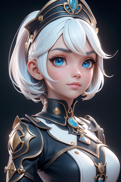 obra maestra, mejor calidad, trabajo de renderizado 3d, estilo 3DMM, de cerca, retrato, 3D, 1 chica, solo, pelo blanco, pelo largo, pegar, pecas, joyas, mirando hacia el lado, realista, parte superior del cuerpo, fondo sencillo, franja, mirando hacia otro lado, labios entreabiertos, ojos azules , gargantilla, constituir, vestido, super realista, fijar, estilo de aguamarina clara y oro, atractiva empresaria, pelo rubio sucio