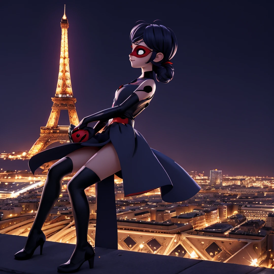 Miraculous Ladybug, a radiant figure against the night sky, lands gracefully atop the iconic Eiffel Tower. Bathed in the soft, ethereal glow of moonlight, her red costume with black dots matching her mask and yo-yo at her waist, sparkling with every subtle detail. The starry backdrop accentuates her vibrant colors and her enchanting expression remains unchanged, a beacon of hope in the stillness of the night. The lights of the Eiffel Tower shine in the background, casting an enchanting aura around you. A sense of peace and tranquility surrounds the scene, as if time itself had momentarily stopped.