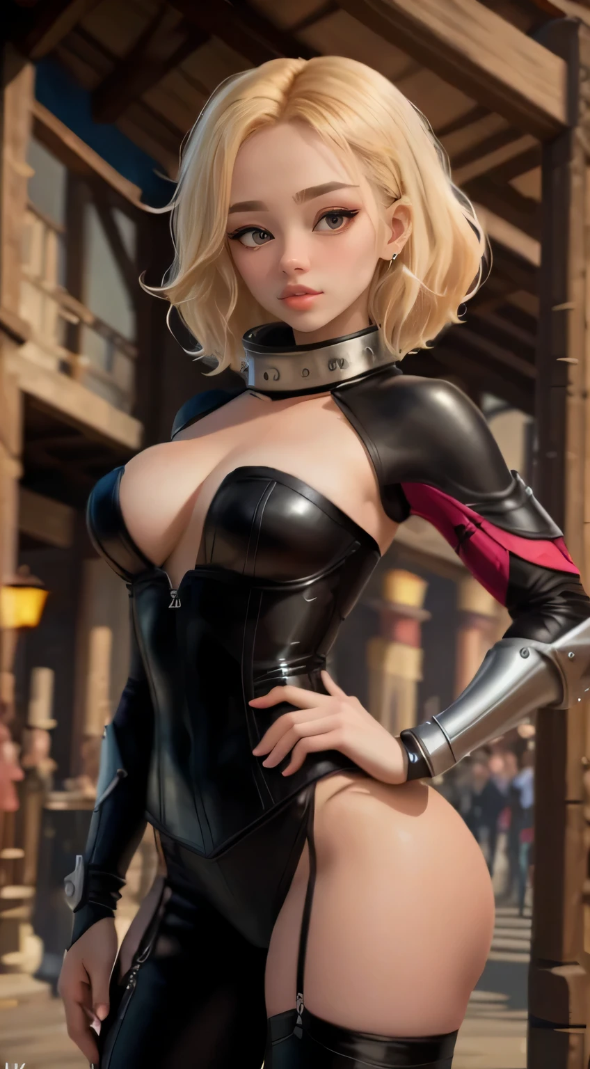 Mujer chica sexy chica, Pelo blanco y corto, cuerpo completamente cubierto por una armadura RPG asesina medieval, pechos grandes, corset, dagas, mascarilla, sexy, casta, ojos rojos