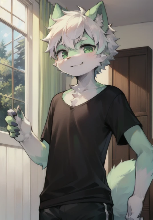 eyes with brightness, in a panoramic view, Character Focus Solo, shaggy, Furry male cat, Mint Green-White fur for men, fluffy, Dark Green color eyes, White hair(The long),Wear black short, Casual Cloths, Regular T-Shirt, Young style, height of one meter seven, pretty, cute, There is a long fluffy tail, happy expression, slim body, happy, indoors, dark green cat ears,