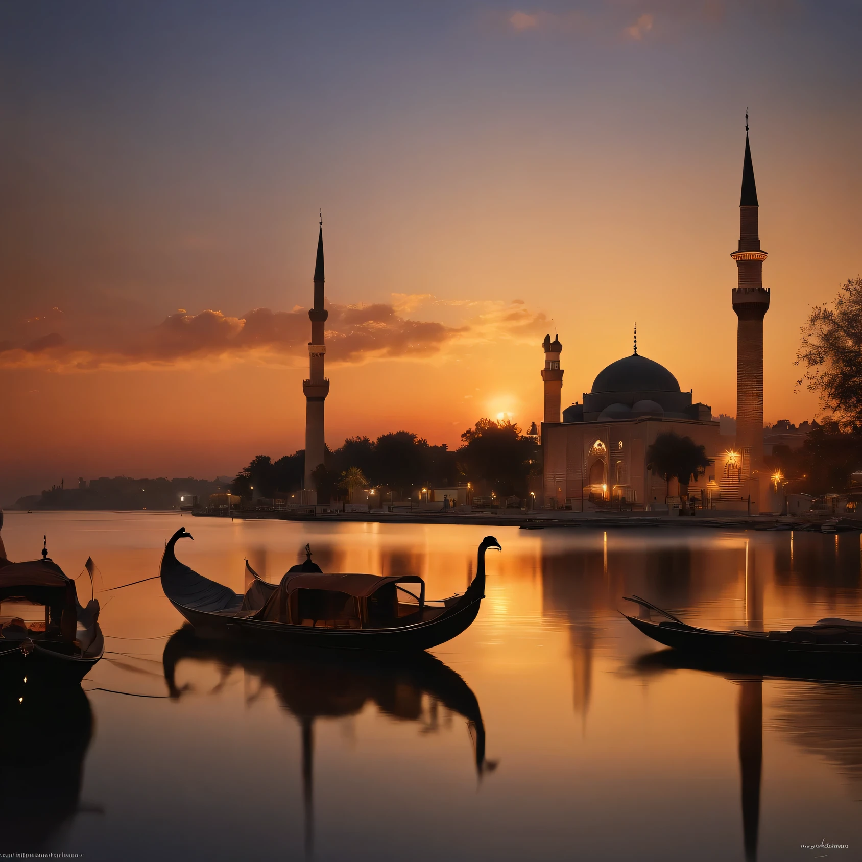 painting of a sunset over a mosque with a reflection in the water, a detailed matte painting by Altoon Sultan, flickr, hyperrealism, kerem beyit, ottoman empire era, phot, ottoman empire, with beautiful mosques, breathtaking masterpiece of art, istanbul, beautiful oil matte painting, incredible masterpiece, stunning sight, national geographic photo”, sunset glow, ottoman sultan