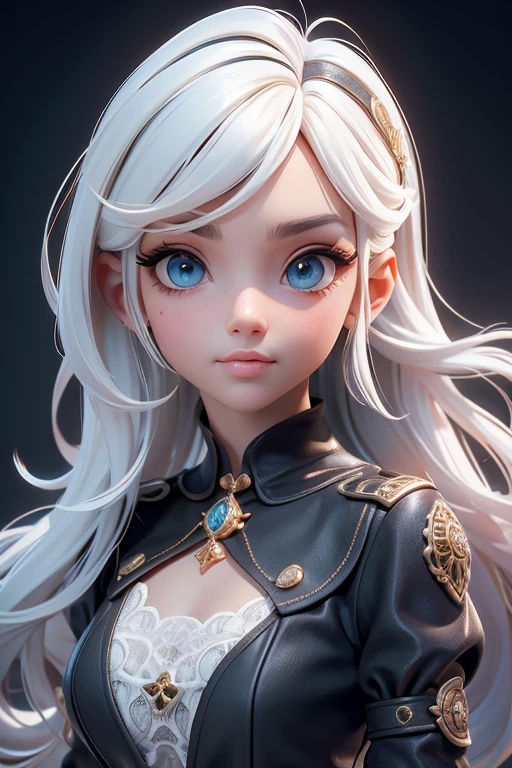 obra maestra, mejor calidad, trabajo de renderizado 3d, estilo 3DMM, de cerca, retrato, 3D, 1 chica, solo, pelo blanco, pelo largo, pegar, pecas, joyas, mirando hacia el lado, realista, parte superior del cuerpo, fondo sencillo, franja, mirando hacia otro lado, labios entreabiertos, ojos azules , gargantilla, constituir, vestido, super realista, fijar, estilo de aguamarina clara y oro, atractiva empresaria, pelo rubio sucio