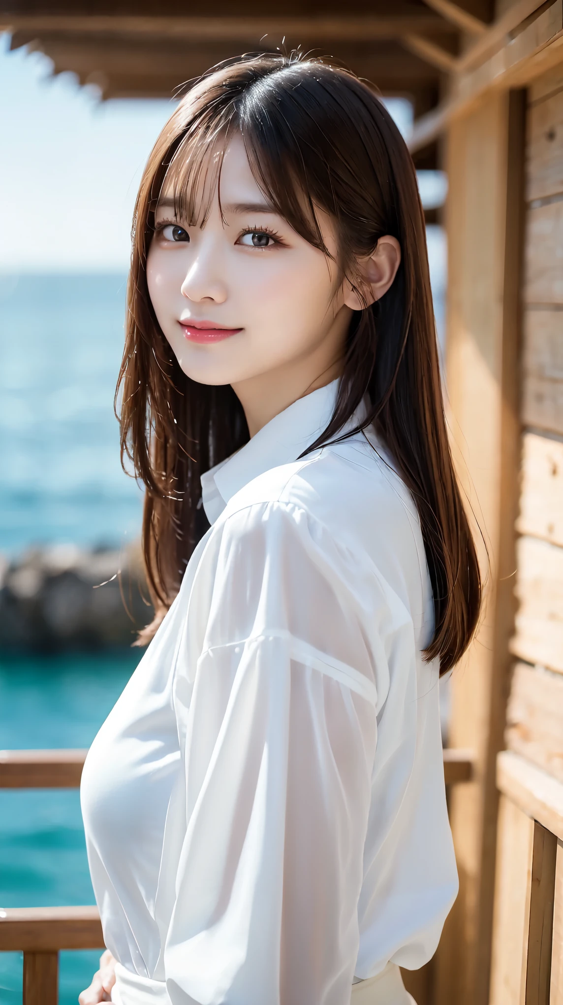 Oversized white collared shirt、full body shot、Complex and beautiful eyes、woman、womanらしい髪型、Natural color lip、Big Breasts、valley、bold and sexy pose、smile、Ocean、((18歳woman:1.2))、Young adorable Japanese face, Official Art,Highly detailed CG Unity 8k wallpaper,(masterpiece:1.0),(highest quality:1.0), 超A high resolution,4k,Very detailed, photo shoot, 8K, nffsw, High resolution, Kodak Portrait 400, Film Grain, Lens Flare Glow,高いest quality,8K,nffsw:1.2),Portrait Shot,8K、View Viewer