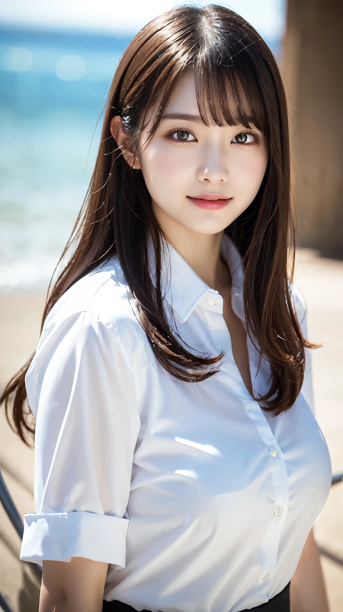 Oversized white collared shirt、full body shot、Complex and beautiful eyes、woman、womanらしい髪型、Natural color lip、Big Breasts、valley、bold and sexy pose、smile、Ocean、((18歳woman:1.2))、Young adorable Japanese face, Official Art，Highly detailed CG Unity 8k wallpaper，（masterpiece:1.0),(highest quality:1.0), 超A high resolution,4k,Very detailed, photo shoot, 8K, nffsw, High resolution, Kodak Portrait 400, Film Grain, Lens Flare Glow,高いest quality,8K,nffsw:1.2),Portrait Shot,8K、View Viewer