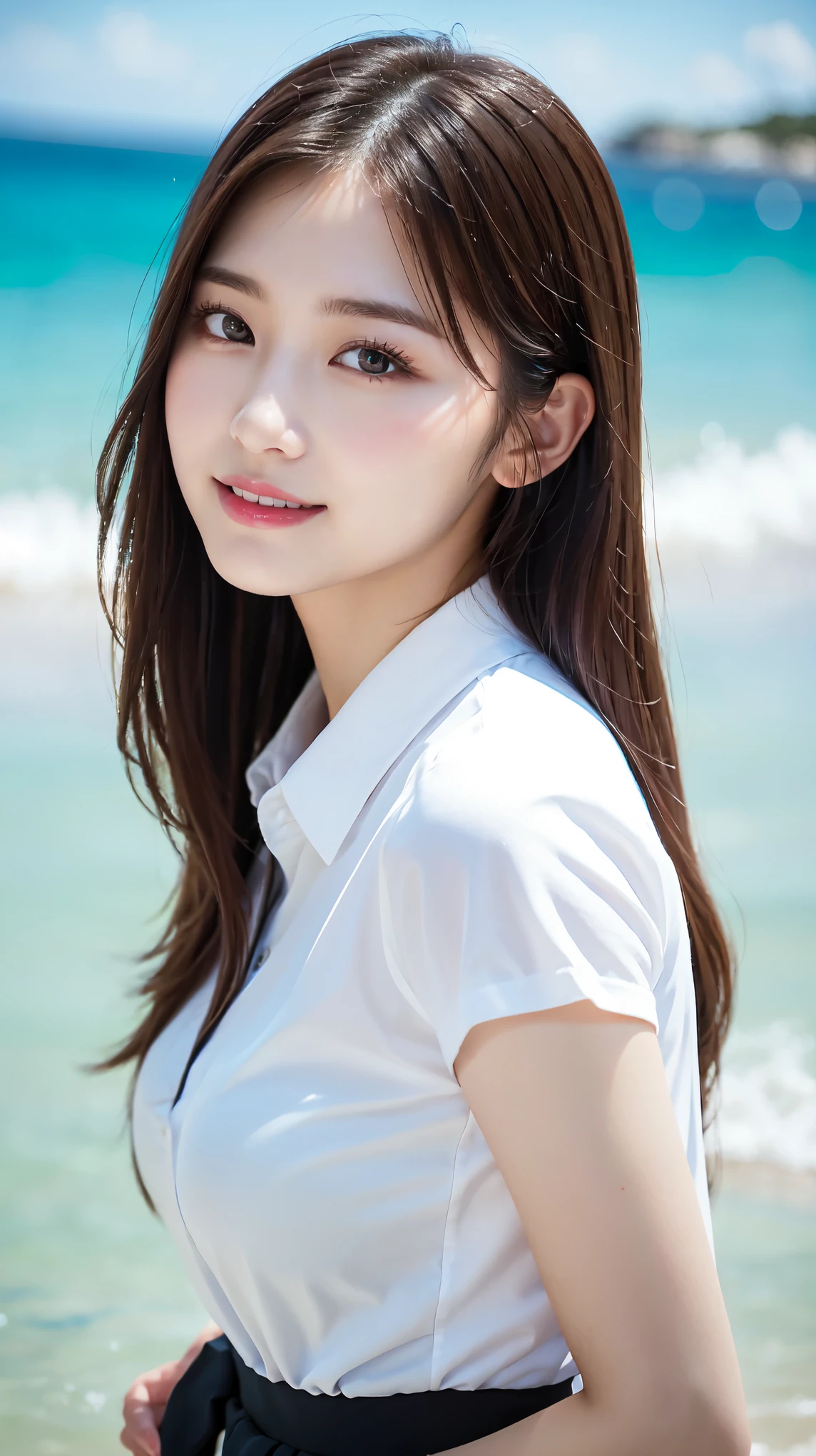 ultra-detailliert, hight resolution, (realisitic, Photorealsitic:1.4), 8K, Raw foto, (​masterpiece), (top-quality), physically-based renderingt, college girls, long brown hair, Korea, the beach, In look, Nothing to wear、Unbuttoned_white_Shirt,