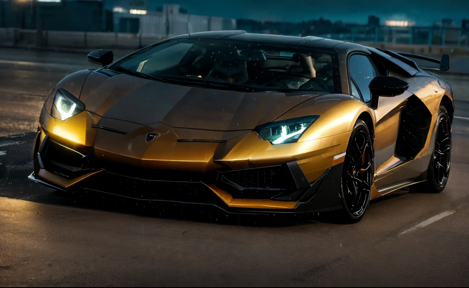 masterpiece,Lamborghini aventador,masterpiece, highly detailed photorealistic 8k raw photo,Rainy night, night,bright tones,real light and shadow,best cinematic quality, volumetric lighting and shadows, driving car, sprktt,cutting-edge design, showcasing sleek lines, advanced features, innovation, futuristic cityscape, high-tech laboratory, futuristic cityscape background, Full shot, shiny and reflective bodywork ,8k