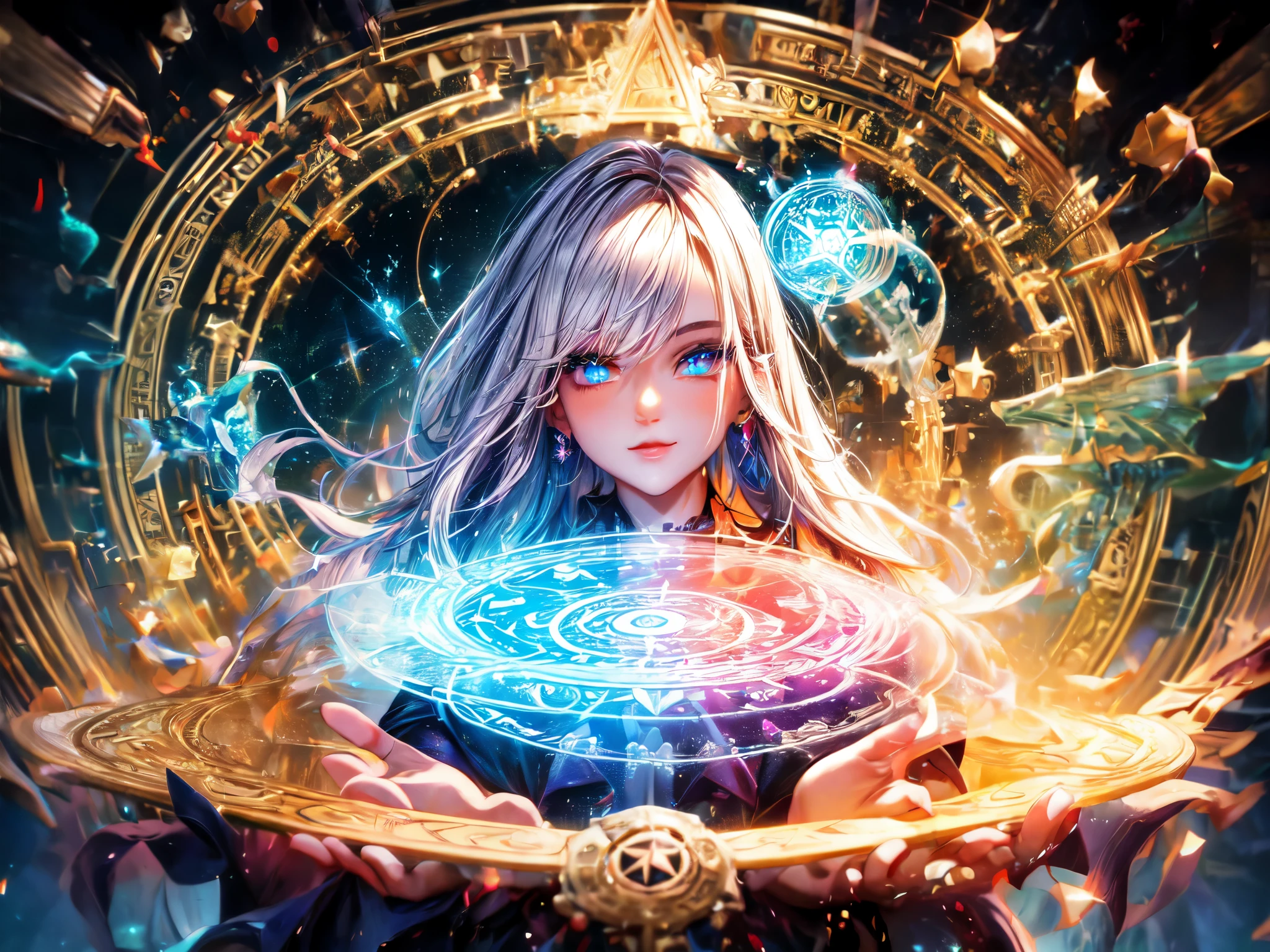 (Ultra HD,16K,high resolution,masterpiece,extremedetailed:1.37),portrait,a girl,magic master,Sorcerer,Magic close to God,Rainbow magic circle,Full color magic circle,All types of magic circles,Water, fire, wood, electricity, earth, light, darkness, wind, ice, gold, time and space,Multiple series of magic,Dazzling magic effects,Detailed magic circle,break,Fantasy full color hair,Floating super long hair,Super high quality hair,Rainbow Color Eyes,glowing pupils,Eye Reflection,extremely detailed eyes,high quality eyes,super detailed face,Nice face,face slimming,determined eyes,(Smile:0.8),break,summer clothing,Delicate clothing,high quality clothes,High quality skin,(High quality fingers),(Meticulous fingers),(accurate finger:1.37),break,anatomically correct,high detail,Realistic action animation,magical arts,Ray tracing,sparkle effect,dynamic contrast