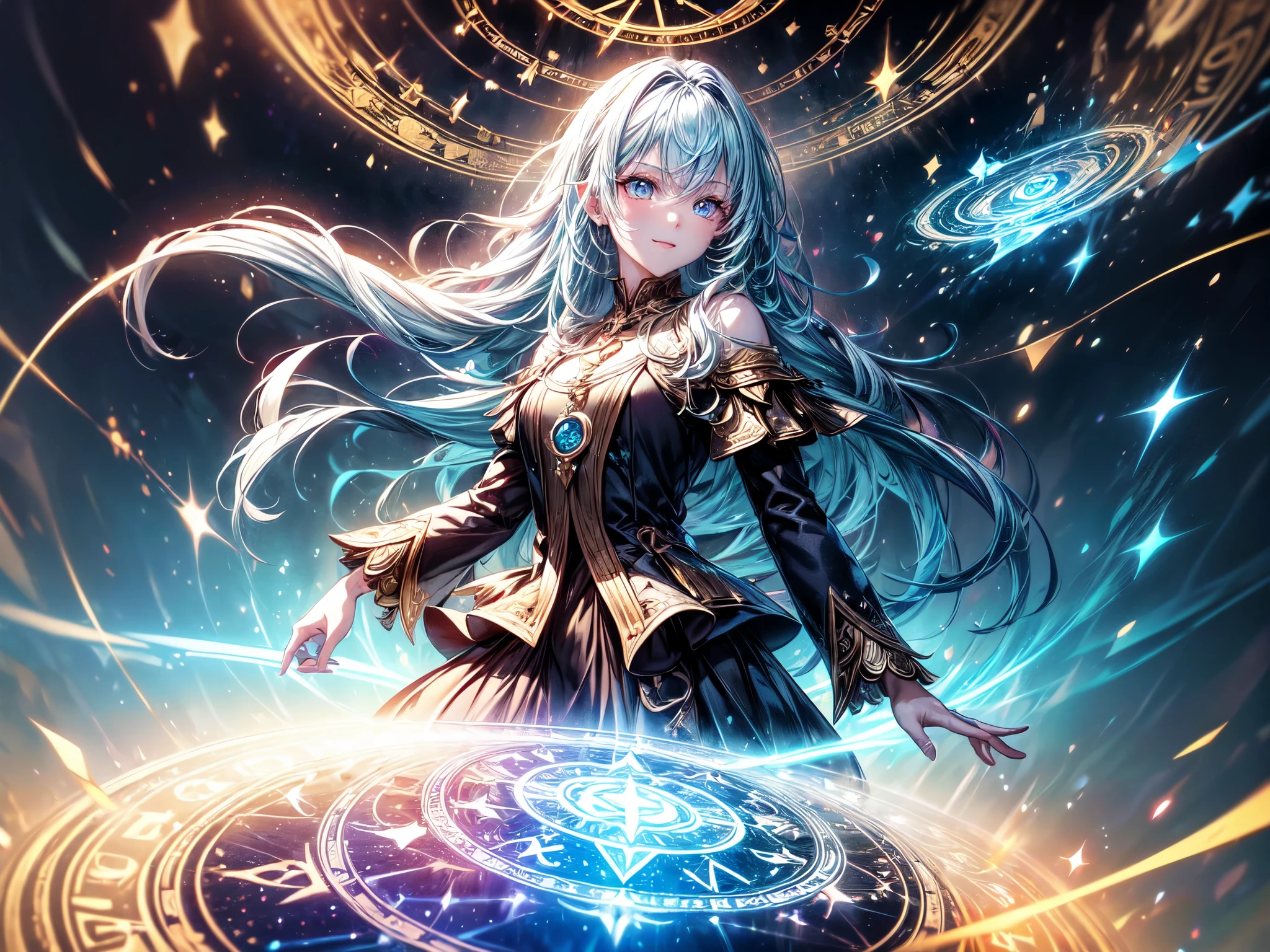 (Ultra HD,16K,high resolution,masterpiece,extremedetailed:1.37),portrait,a girl,magic master,Sorcerer,Magic close to God,Rainbow magic circle,Full color magic circle,All types of magic circles,Water, fire, wood, electricity, earth, light, darkness, wind, ice, gold, time and space,Multiple series of magic,Dazzling magic effects,Detailed magic circle,break,Fantasy full color hair,Floating super long hair,Super high quality hair,Rainbow Color Eyes,glowing pupils,Eye Reflection,extremely detailed eyes,high quality eyes,super detailed face,Nice face,cute,determined eyes,(Smile:0.8),break,summer clothing,Delicate clothing,high quality clothes,High quality skin,(High quality fingers),(Meticulous fingers),(accurate finger:1.37),break,anatomically correct,high detail,Realistic action animation,magical arts,Ray tracing,sparkle effect,dynamic contrast