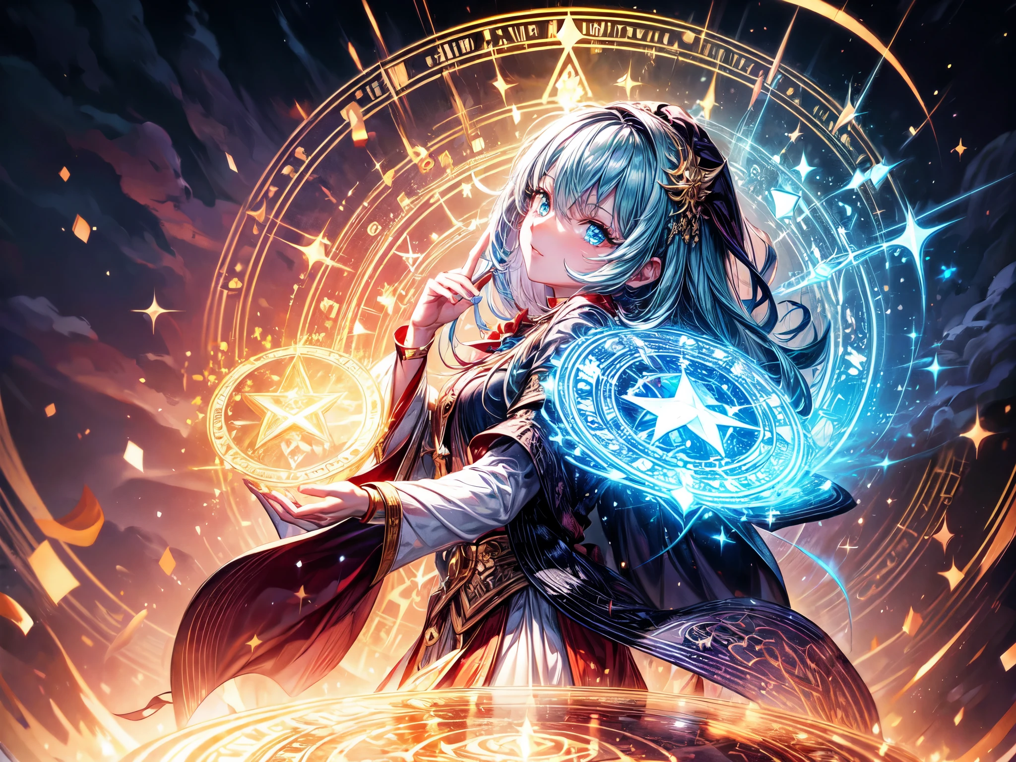 (Ultra HD,16K,high resolution,masterpiece,extremedetailed:1.37),portrait,a girl,magic master,Sorcerer,Magic close to God,Rainbow magic circle,Full color magic circle,All types of magic circles,Water, fire, wood, electricity, earth, light, darkness, wind, ice, gold, time and space,Multiple series of magic,Dazzling magic effects,Detailed magic circle,break,Fantasy full color hair,Floating super long hair,Super high quality hair,Rainbow Color Eyes,glowing pupils,Eye Reflection,extremely detailed eyes,high quality eyes,super detailed face,Nice face,cute,determined eyes,(Smile:0.8),break,summer clothing,Delicate clothing,high quality clothes,High quality skin,(High quality fingers),(Meticulous fingers),(accurate finger:1.37),break,anatomically correct,high detail,Realistic action animation,magical arts,Ray tracing,sparkle effect,dynamic contrast