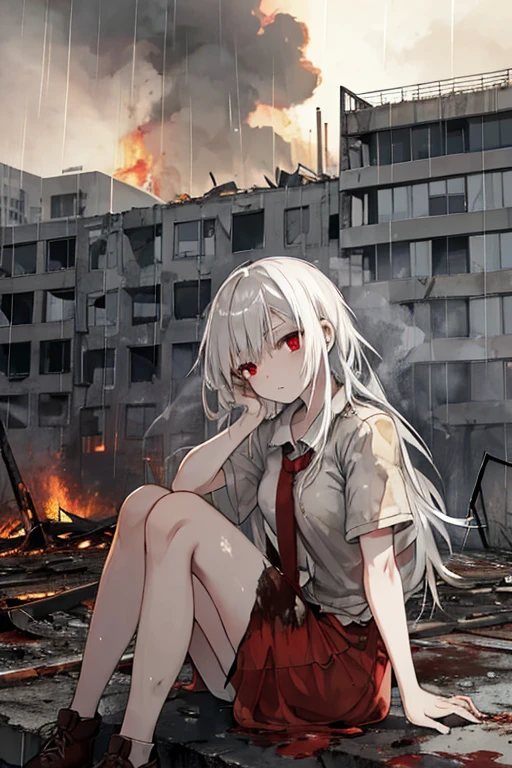 ((high quality)), (abandon building background), raining, girl, short, long white hair, dirty clothing, neutral face, red eyes, dead stare, sitting on the ground, fetal position, huge fire in the distance,  smoke, wide shot