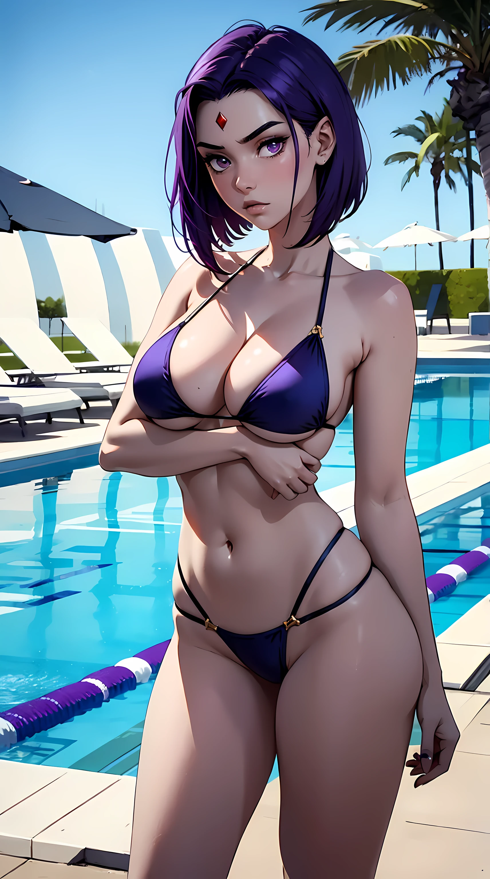 Beautiful short purple hair woman is shown to have a athletic figure, she is wearing a nsfw bikini, red jewel on forehead, gray skin, annoyed sexy look, purple eyes, girl standing by the pool sexy session, sexy pose, tiny cleavage, cowboy shot, superior quality, many details, realistic