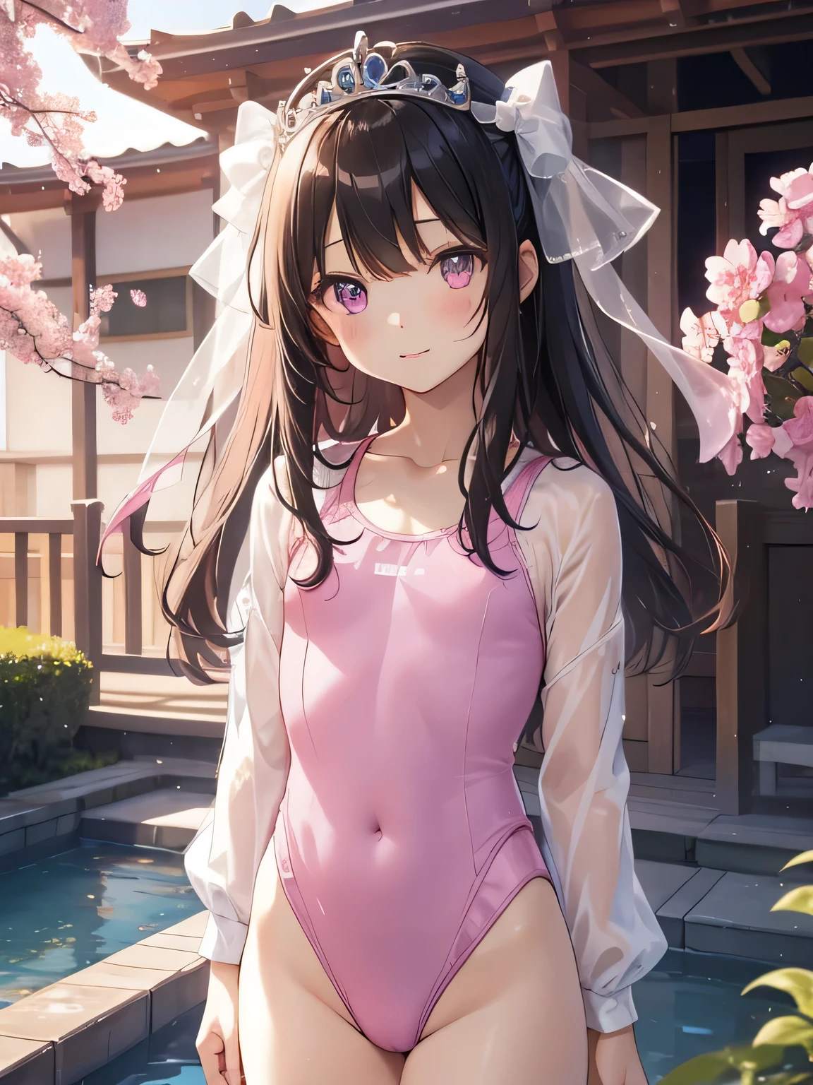 highest quality、Highest quality、Beautiful eyes、Very delicate and beautiful、Beautiful eyes、Pink Eyes、Soio、Soio、11-year-old girl、Japanese、、Chiquita、Noble、Primary school students、Black Hair、barefoot、(Judo)、(((The lower body is in a pink leotard)))、(High leg)、Tiara on head、smile、Standing, facing forward、The background is a natural park