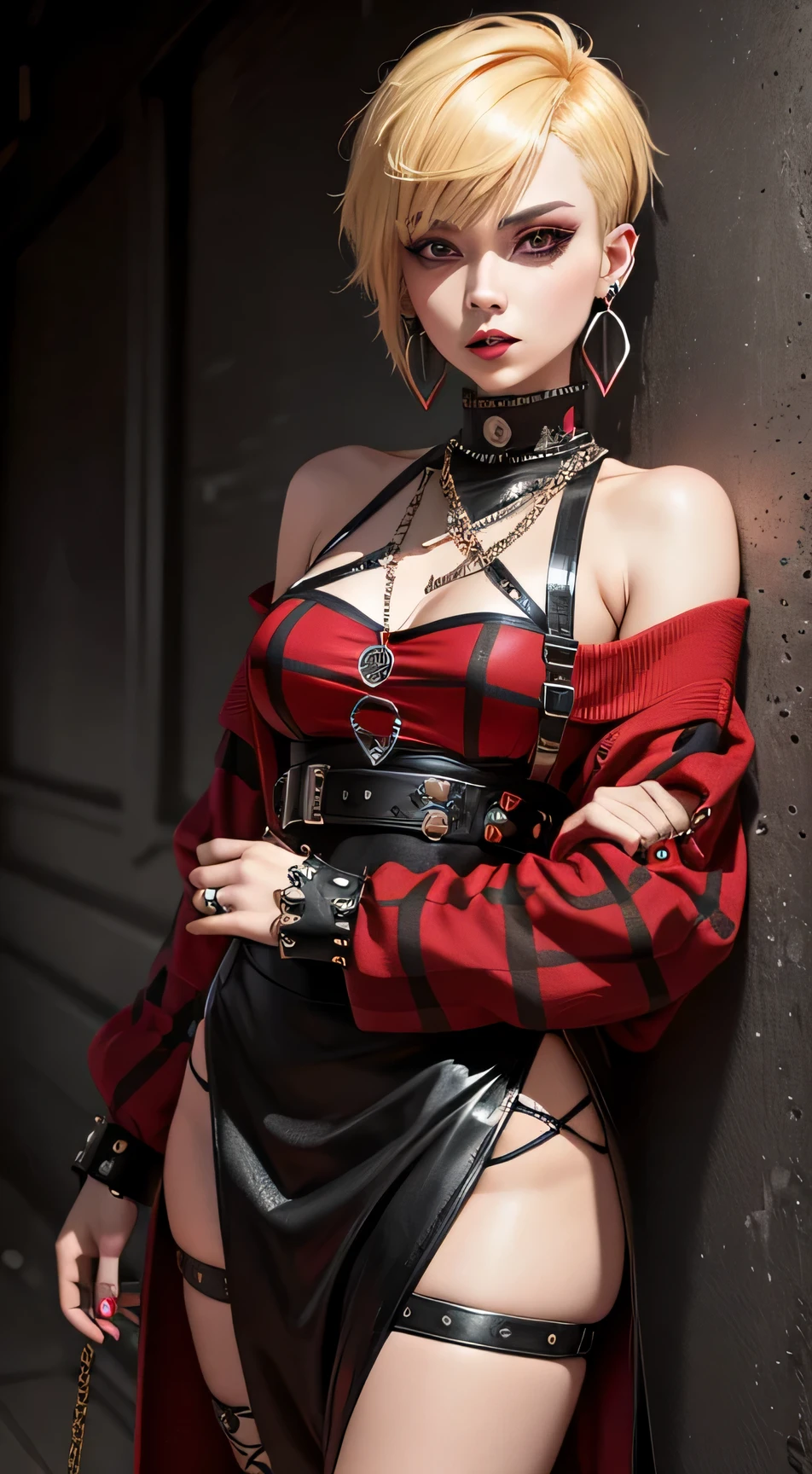 Banga, punk style fashion, wearing metal accessories all over her body, long sweater with long thin sleeves and many cross patterns, red and black checkered skirt, short blonde hair cut, mouth earrings, gothic style makeup, anime style beautiful woman