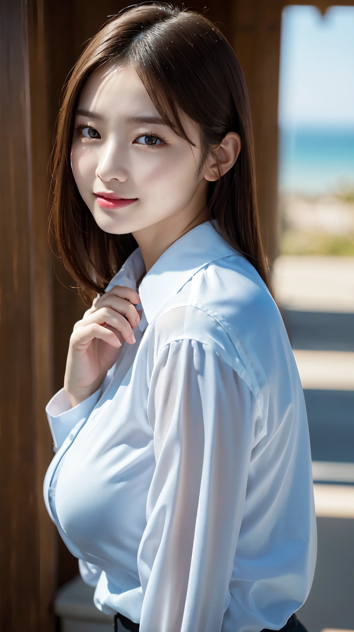 Oversized white collared shirt、He's wearing nothing but a shirt、full body shot、Complex and beautiful eyes、woman、womanらしい髪型、Natural color lip、Big Breasts、valley、bold and sexy pose、smile、Ocean、((18歳woman:1.2))、Young adorable Japanese face, Official Art,Highly detailed CG Unity 8k wallpaper,(masterpiece:1.0),(highest quality:1.0), 超A high resolution,4k,Very detailed, photo shoot, 8K, nffsw, High resolution, Kodak Portrait 400, Film Grain, Lens Flare Glow,高いest quality,8K,nffsw:1.2),Portrait Shot,8K、View Viewer