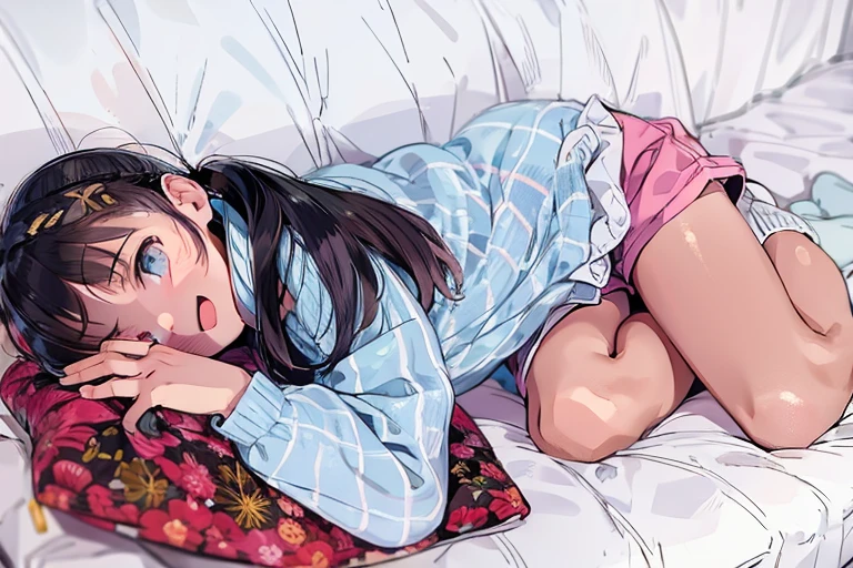 Beautiful illustrations, highest quality, (10 year old girl:1.4)、(pretty girl:1.5)、、、Flat Chest、Light Blue Tunic、(pink chino shorts:1.4)、(Pink shorts with wide opening:1.2)、Gap between thigh and pants、Thin thighs、White socks、 Cinema Lighting, (Twin tails)、Redness on the cheeks、