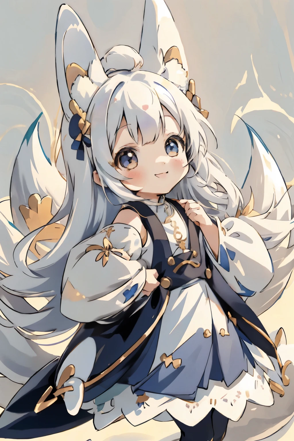 A girl with striking white hair、Fox ears and tail、Cosplay、、Cute dynamic pose、hair ornaments、Black Pantyhose、No sleeve、smile、Background is blue