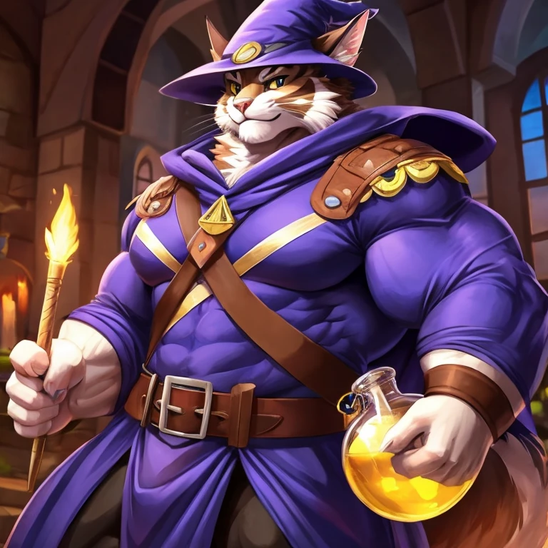 wizard, cat wizard, wizard hat, wizard cloak, cat with wand, wizard wand, cat with potion, potion belt, cat maine coon, cat breed, cat breed maine coon, male character, male kitty, male face, big strong cat wizard, full anthro body, anthro male, anthro caracter, anthro body, muscles, natural muscular body, anthro body focus, furry, male focus, full body focus, flex muscles focus