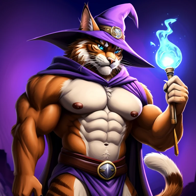 wizard, cat wizard, wizard hat, wizard cloak, cat with wand, wizard wand, cat with potion, potion belt, cat maine coon, cat breed, cat breed maine coon, male character, male kitty, male face, big strong cat wizard, full anthro body, anthro male, anthro caracter, anthro body, muscles, natural muscular body, anthro body focus, furry, male focus, full body focus, flex muscles focus
