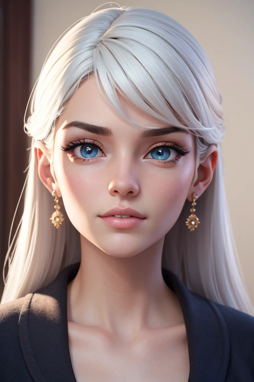 obra maestra, mejor calidad, trabajo de renderizado 3d, estilo 3DMM, de cerca, retrato, 3D, 1 chica, solo, pelo blanco, pelo largo, pegar, pecas, joyas, mirando hacia el lado, realista, parte superior del cuerpo, fondo sencillo, franja, mirando hacia otro lado, labios entreabiertos, ojos azules , gargantilla, constituir, vestido, super realista, fijar, estilo de aguamarina clara y oro, atractiva empresaria, pelo rubio sucio