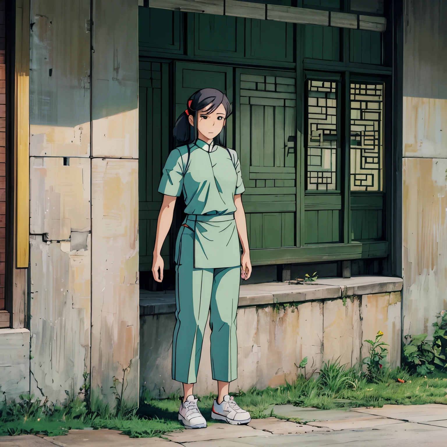Nurse with Chinese hair in green Filipino surgical uniform and gray pants and white tennis shoes.
