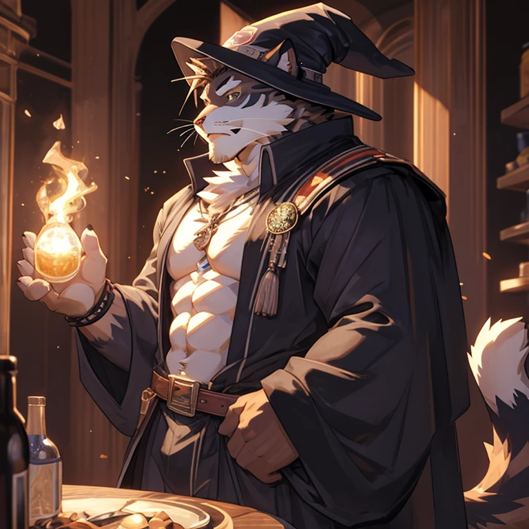 wizard, cat wizard, wizard hat, wizard cloak, cat with wand, wizard wand, cat with potion, potion belt, cat maine coon, cat breed, cat breed maine coon, male character, male kitty, male face, big strong cat wizard, full anthro body, anthro male, anthro caracter, anthro body, muscles, natural muscular body, anthro body focus, furry, male focus, full body focus, flex muscles focus
