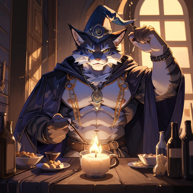 wizard, cat wizard, wizard hat, wizard cloak, cat with wand, wizard wand, cat with potion, potion belt, cat maine coon, cat breed, cat breed maine coon, male character, male kitty, male face, big strong cat wizard, full anthro body, anthro male, anthro caracter, anthro body, muscles, natural muscular body, anthro body focus, furry, male focus, full body focus, flex muscles focus
