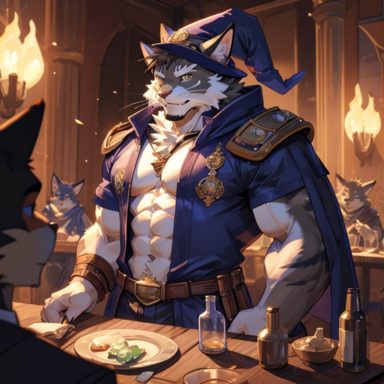 wizard, cat wizard, wizard hat, wizard cloak, cat with wand, wizard wand, cat with potion, potion belt, cat maine coon, cat breed, cat breed maine coon, male character, male kitty, male face, big strong cat wizard, full anthro body, anthro male, anthro caracter, anthro body, muscles, natural muscular body, anthro body focus, furry, male focus, full body focus, flex muscles focus
