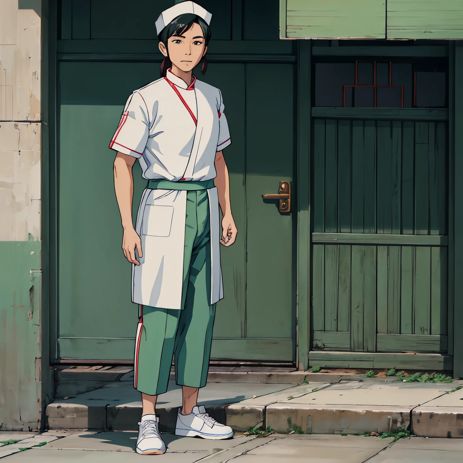 Nurse with Chinese hair in green Filipino surgical uniform and gray pants and white tennis shoes.
