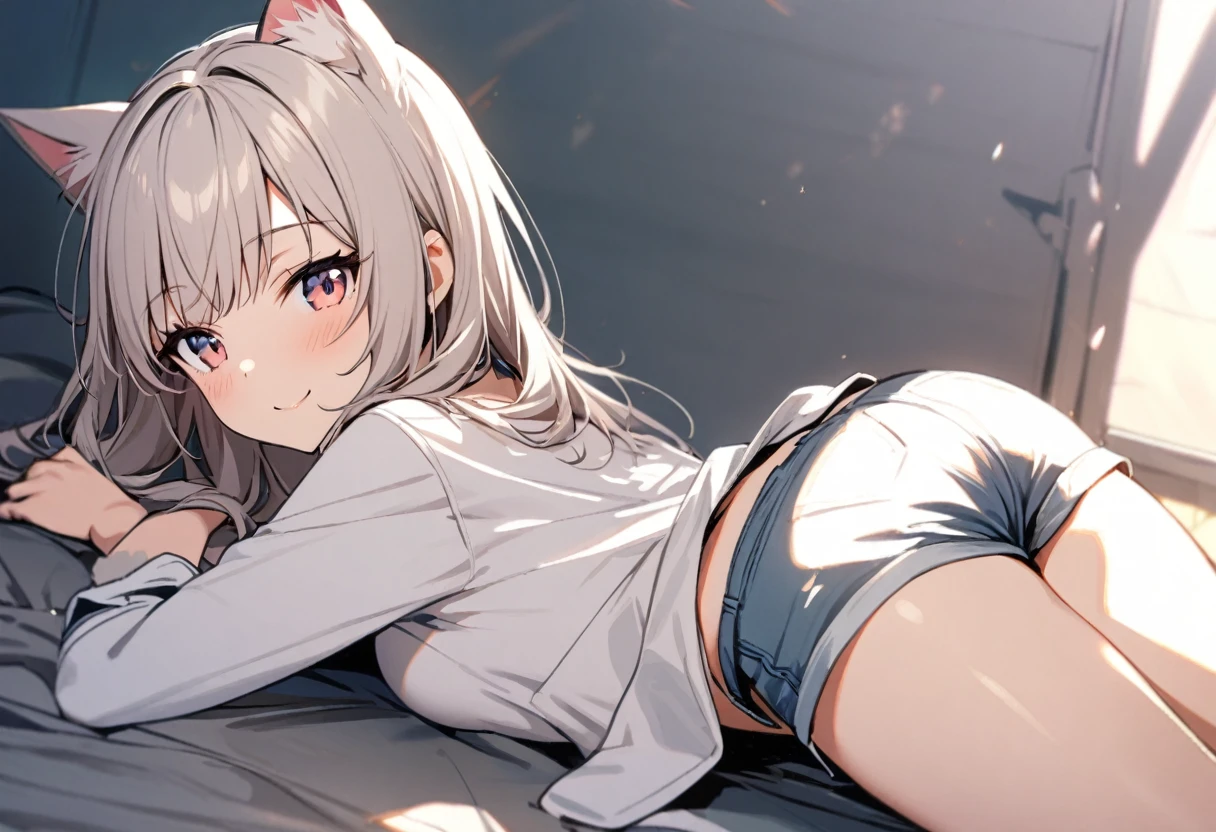 1girl lying on stomach looking back from behind looking at viewer, shirt, short shorts, cat ears, smile
