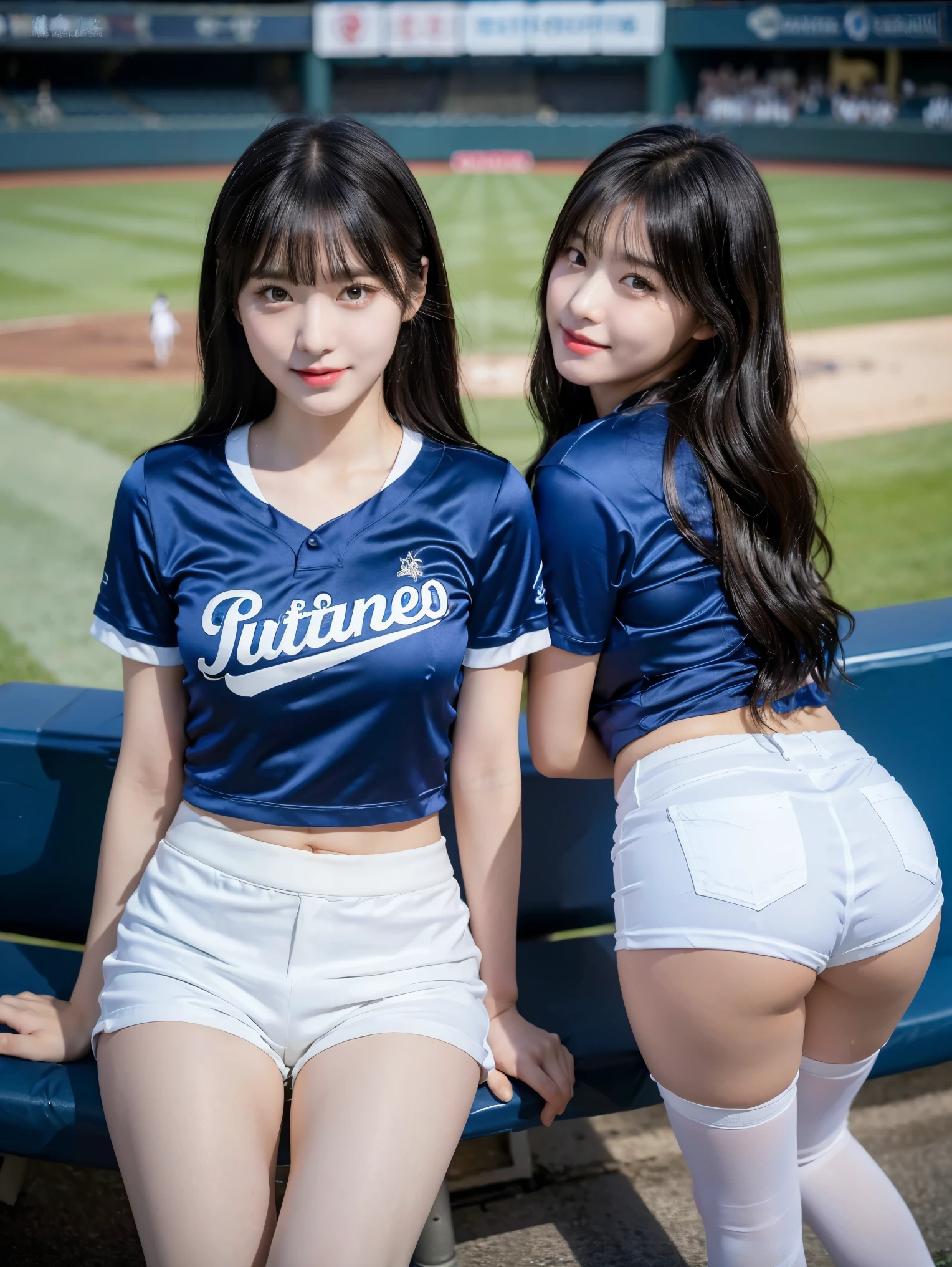 8K), (highest quality: 1.2), (Realistic), (Realistic: 1.37), Ultra-high resolution, (2 girls),(Straight, silky black hair), Giant Dulcefo,(White very small hot pants:1.2),In the seats at the baseball stadium,smile, whole body,Long legs,Beautiful feet,(Super small ass),gravure,Belly button,(Blue baseball team shirt),(whole bodyが雨に濡れて:1.2),stockings,Cute like a super idol,Close up on face from above,