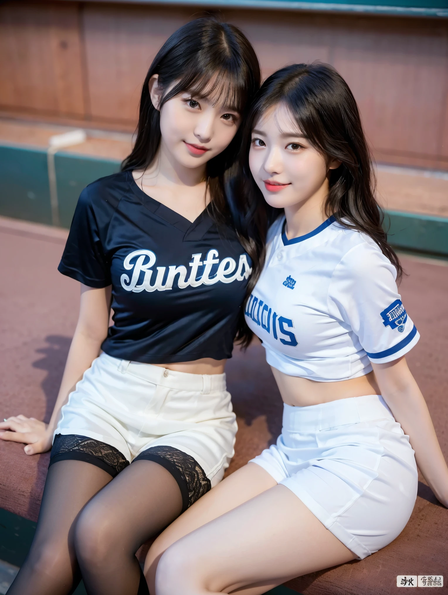 8K), (highest quality: 1.2), (Realistic), (Realistic: 1.37), Ultra-high resolution, (2 girls),(Straight, silky black hair), Giant Dulcefo,(White very small hot pants:1.2),In the seats at the baseball stadium,smile, whole body,Long legs,Beautiful feet,(Super small ass),gravure,Belly button,(Blue baseball team shirt),(whole bodyが雨に濡れて:1.2),stockings,Cute like a super idol,Close up on face from above,