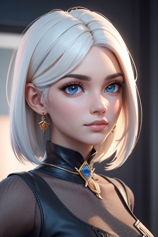 obra maestra, mejor calidad, trabajo de renderizado 3d, estilo 3DMM, de cerca, retrato, 3D, 1 chica, solo, pelo blanco, pelo largo, pegar, pecas, joyas, mirando hacia el lado, realista, parte superior del cuerpo, fondo sencillo, franja, mirando hacia otro lado, labios entreabiertos, ojos azules , gargantilla, constituir, vestido, super realista, fijar, estilo de aguamarina clara y oro, atractiva empresaria, pelo rubio sucio