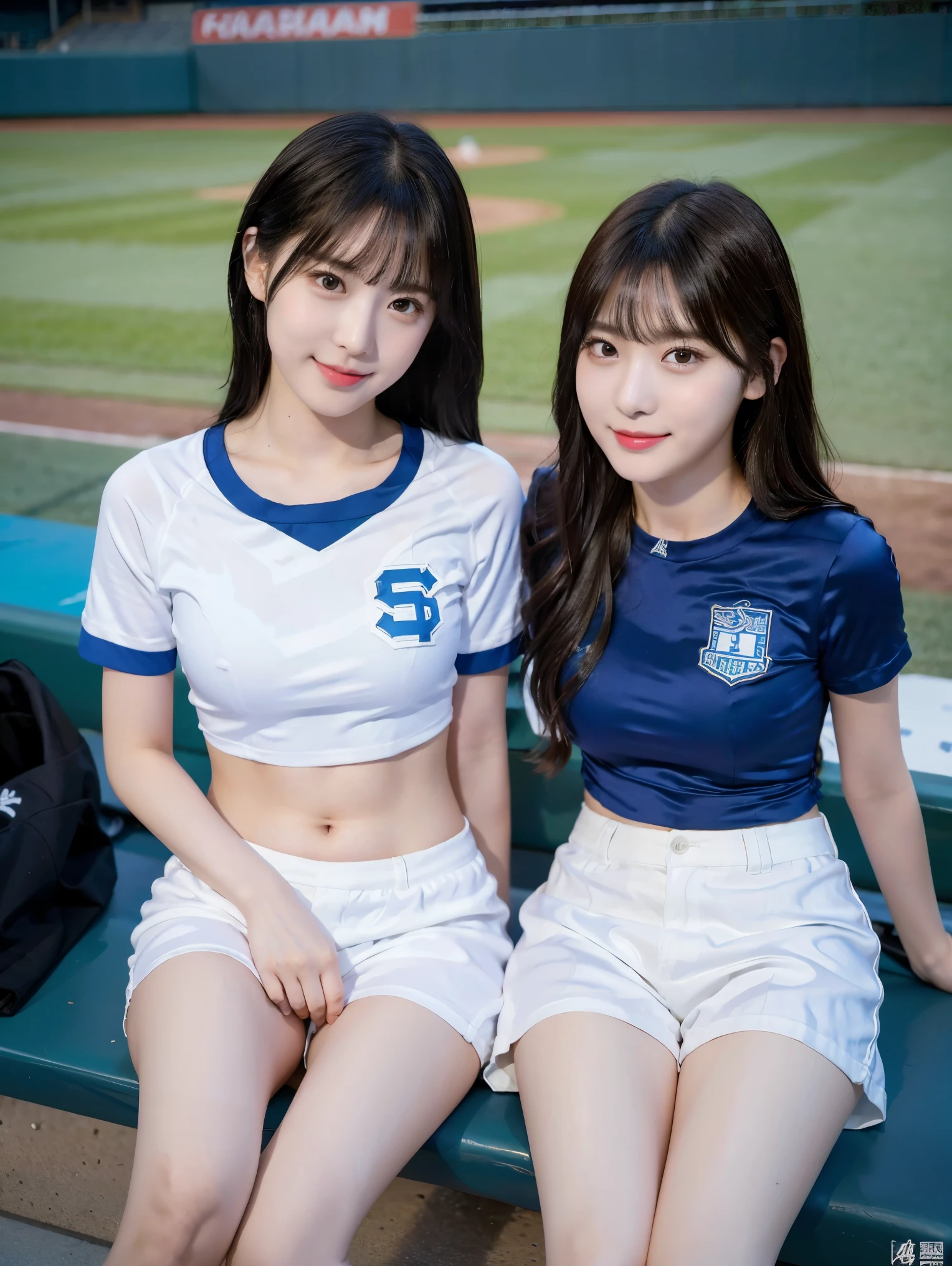 8K), (highest quality: 1.2), (Realistic), (Realistic: 1.37), Ultra-high resolution, (2 girls),(Straight, silky black hair), Giant Dulcefo,(White very small hot pants:1.2),In the seats at the baseball stadium,smile, whole body,Long legs,Beautiful feet,(Super small ass),gravure,Belly button,(Blue baseball team shirt),(whole bodyが雨に濡れて:1.2),stockings,Cute like a super idol,Close up on face from above,