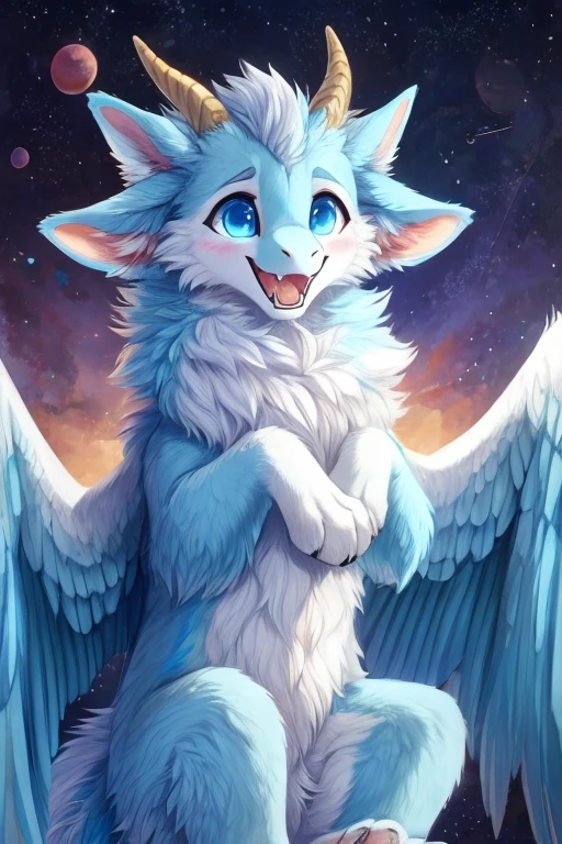 furry art, feral, furred dragon, female, white and blue fur, feathered wings, big ears, four ears, multiple ears, horns, tail, chest fluff, paws, fangs, slim, embarrassed, happy, blind, faded eyes, faded blue eyes, white pupils, staring off into space, quadruped, wearing leather jacket, black leather jacket, vagina, legs spread, showing vagina