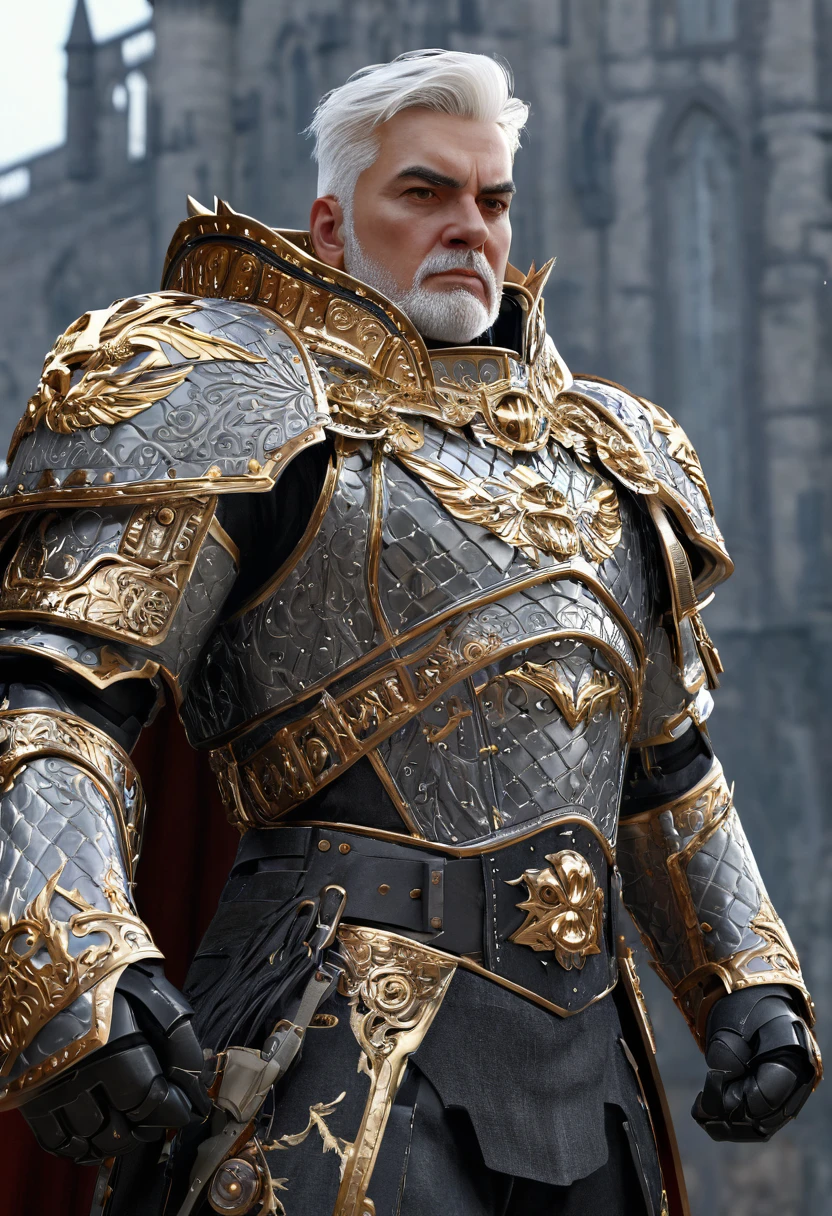 volumetric cinematic lighting, (highly detailed:1.4), smooth, sharp focus, full body 8k unity render, action shot, realistic reflections, cinematic composition, rogal, detailed armor, detailed face, gold details, closed fists,
intricate ornamented, full armor, cape details,
white hair, chiseled face, grey eyes, skin pores, rugged, shiny armor, serious face, looking over the horizon, looking over a ledge, glorious gothic castle background. futuristic and gothic architecture.
 