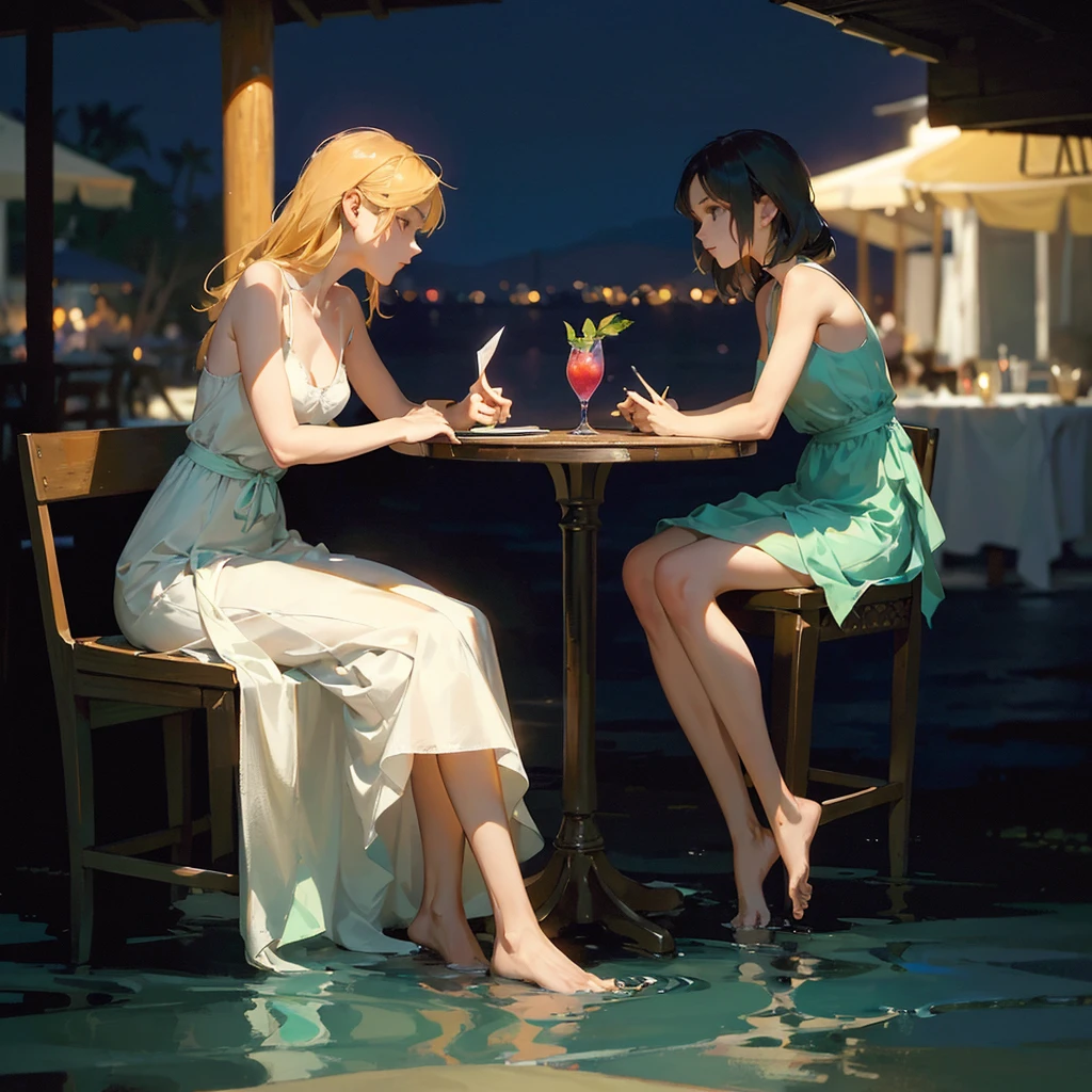 An elegant, very beautiful thin girl in a beautiful light summer sundress with an exquisite face sits ((barefoot)) in an evening cafe alone at the bar and writing a story on a laptop, (Looking at the screen), (colorful drinks), (Discreet shades, imitation of film photography, diffused dim light); (delicate mint shades), (sfumato), on the shore of the night sea