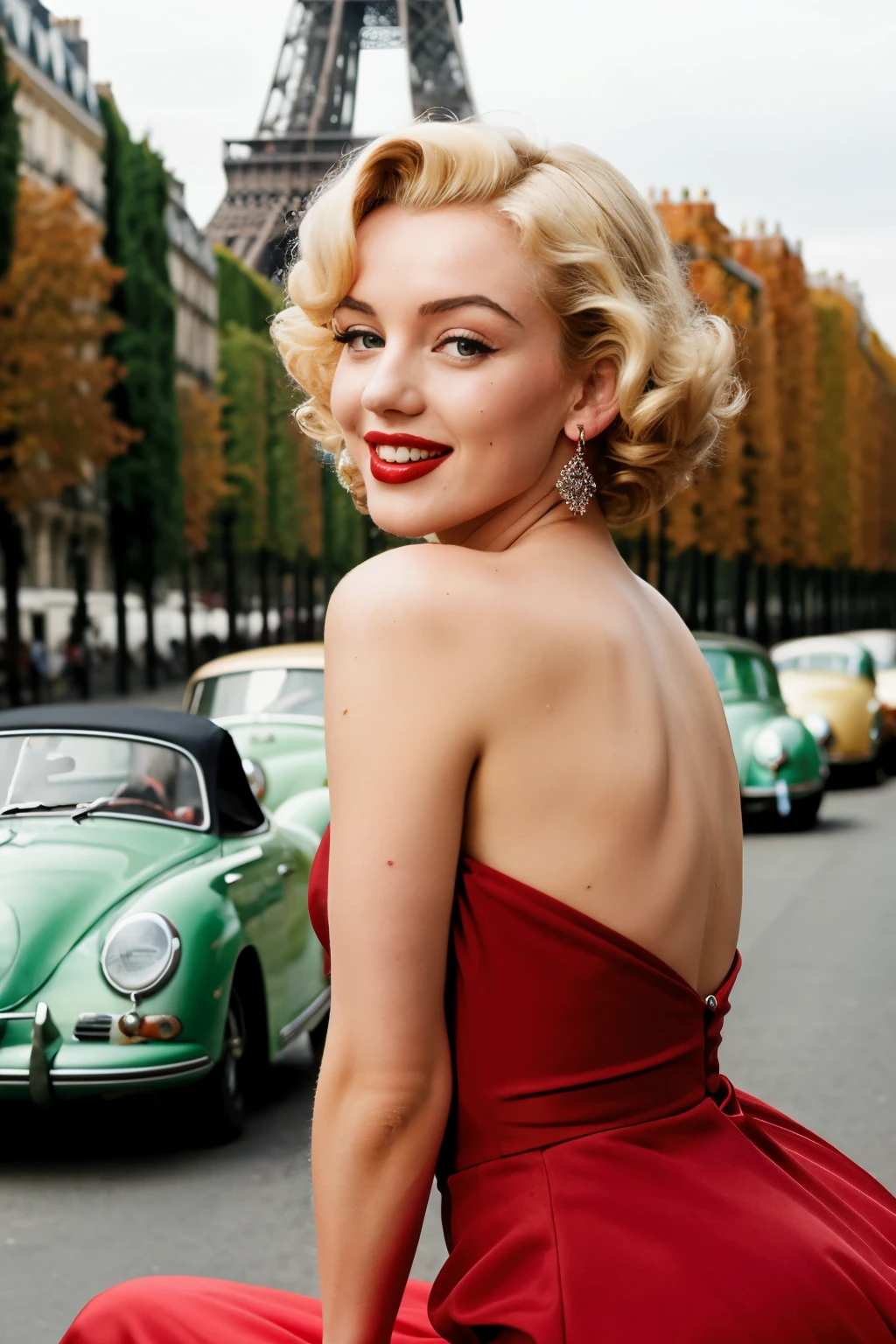 ((best quality)), ((masterpiece)), (detailed), Marilyn Monroe,together a Porsche356a, background Tower Eiffel in Paris, makeup, green eyes,teeth, lipstick, red dress, jewelry, beautiful smile,fingernails
