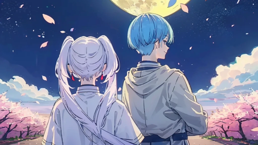 ((highest quality, super detailed girl and boy:1.4))BREAK,(girl is White hair,green eyes,shining eyes,((very long twin tail:1.3)):1.3),BREAK,(boy is Blue hair,boy is short hair:1.3),BREAK,(boy and girl walking side by side:1.4),(landscape photography:1.3), (highly detailed background:1.2),(cherry blossoms, cherry blossom, midnight, moon:1.4),(total1 girl,total 1 boy,duo:1.3),(from behind:1.3),(girl is expressionless:1.2),(boy is smile:1.2),(boy looking at girl:1.3),(girl looking away:1.2),focus face,(girl with a flower crown on her head:1.3),(full body:1.1)