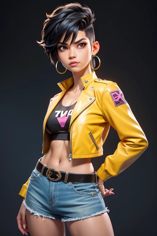 jubi lee x-men, yellow leather jacket, punk black hair (very short on the sides), open long yellow leather jacket!, big light brown eyes, small breasts, pink earrings, belt, cotton pink tank top, light blue low-waist denim shorts, covered navel, cropped legs, cotton, front view!, white background, realistic colors, front view, light coming from the right, 8K image quality, Masterpiece
