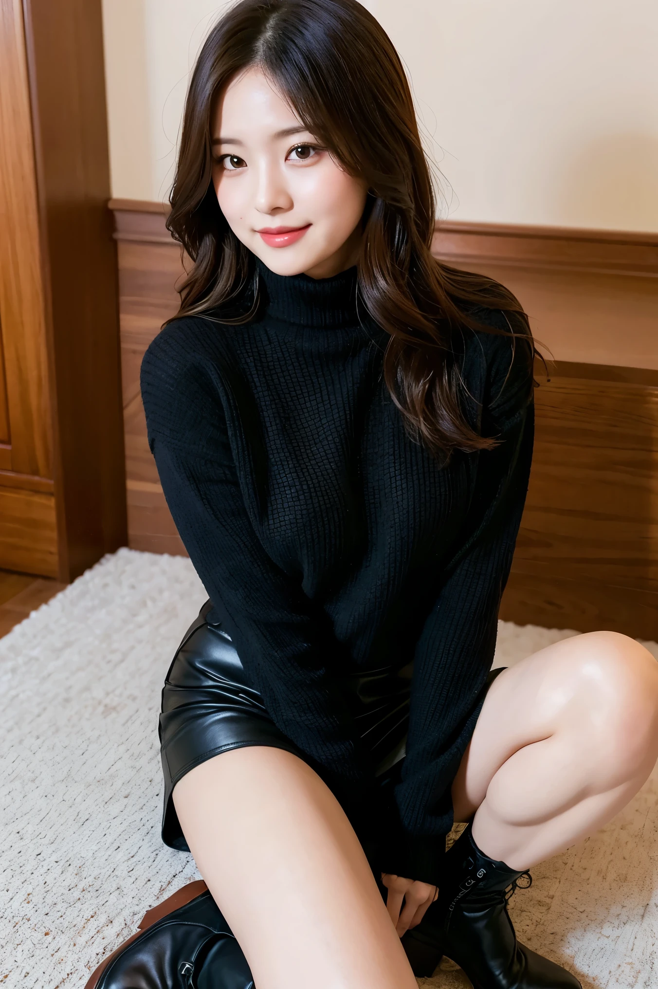 (8k), (highest quality: 1.2), (Realistic), (Realistic: 1.37), Ultra-high resolution, 1 girl, cute, Embarrassed expression,smile, Blushing,Mouth closed, Beautiful details, Beautiful Nose, whole body, Smooth black hair, Giant Dulcefo, pork, Thighs,Selfie,Leather miniskirt,Leather platform boots,turtleneck knit,cute like an idol,gravure,濡れて光るThighsにクローズアップ,